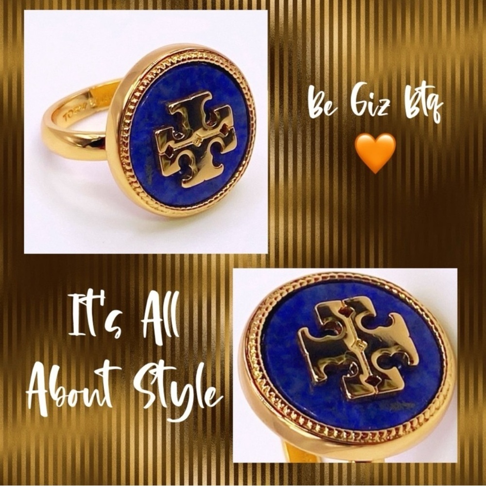 🆕 Tory Burch Authentic Gold And Blue Lapis Lazuli Round With Logo Ring Size 7